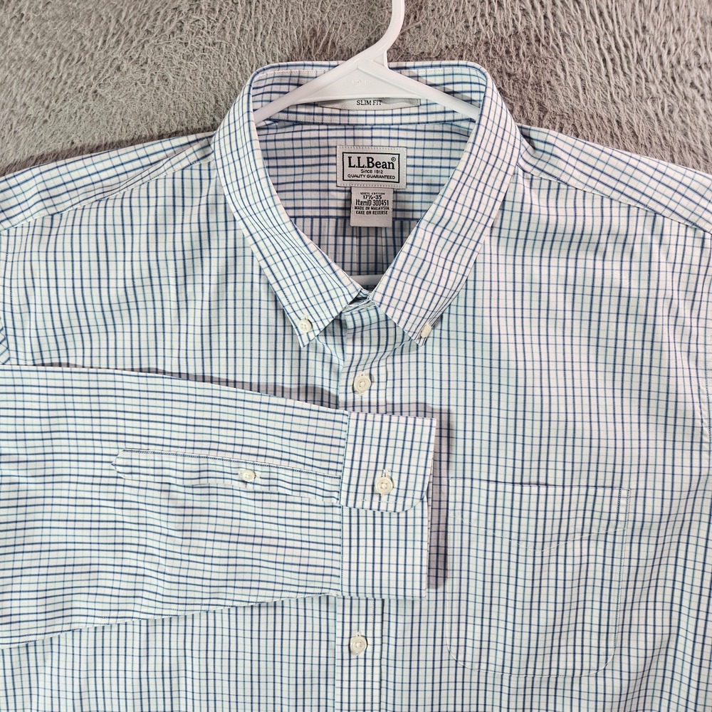 LL Bean Dress Shirt Men 17.5 35 Slim Fit Wrinkle Free Button Up White Plaid